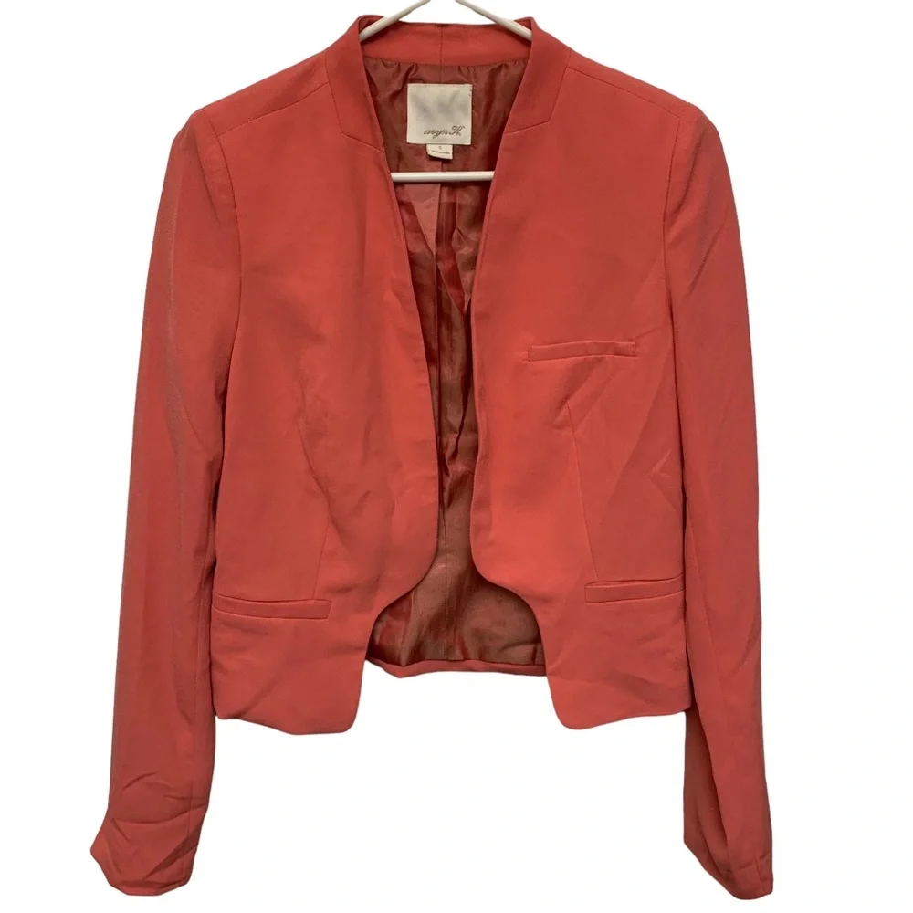 Aryn K Coral Cropped Open Front Blazer Lightweight Jacket